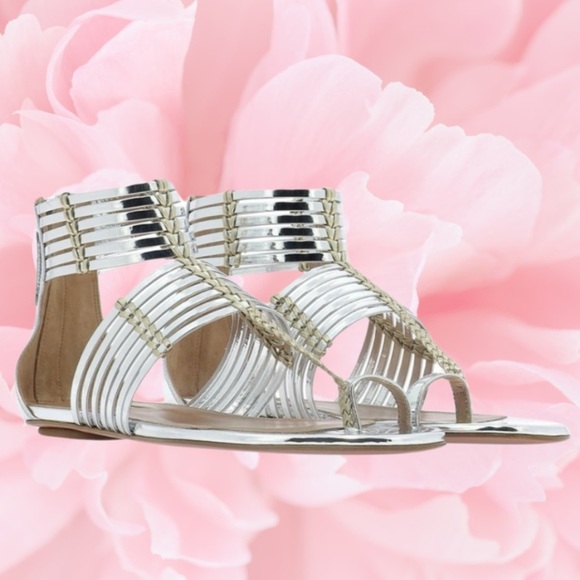 Aquazzura Leather Ravello Key Ring Silver Tone Gladiator Sandals, 37.5 (U.S. 7) - Picture 2 of 16